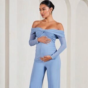 Maternity Blue Off Shoulder Jumpsuit